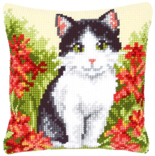 VERVACO Kreuzstich Stickpackungen Kissen Stickerei Set Anfänger Vorgedruckt Katze in Blumen Feld DIY Set Kreativ Set Für Erwachseneca. 40 x 40 cm Bastelset Handwerker Haus Dekoration