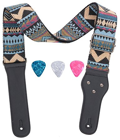 Rufun Gitarrengurt Retro Jacquard Weave Zubehör Einstellbare Länge für Basse E-Gitarre Akustische Gitarre, 3 Picks enthalten