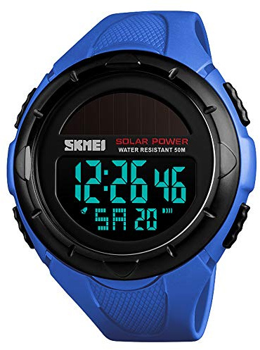 SKMEI - Reloj deportivo digital solar para hombre, resistente al agua hasta 50 m, esfera grande negra con cronómetro, alarma, resistente a los golpes, LED
