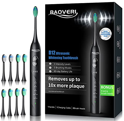 Sonic Electric Toothbrush with 8 Brush Heads for Adults, Rechargeable Electric Power Toothbrushes, 5 Modes, 3 Intensity Levels, 2 Minutes Smart Timer, 4 Hours Fast Charge for 60 Days