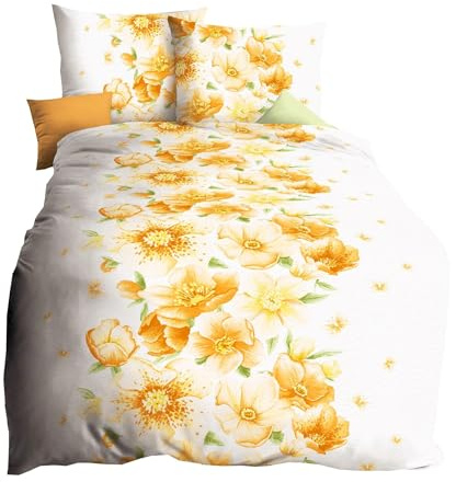 Kaeppel Edel Seersucker 2 TLG. Bettwäsche Tiffany Mandarine Orange Grün Weiß Blüten, Größe:155x220cm Bettwäsche