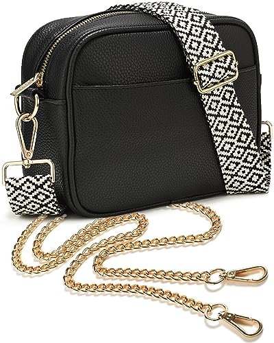 Lily England Crossbody Bag für Damen Schwarz mit breiter Gurt & extra Kette - Premium Umhängetasche aus veganem Leder gemacht - Sichere Crossbag mit großen Reißverschlussfächern