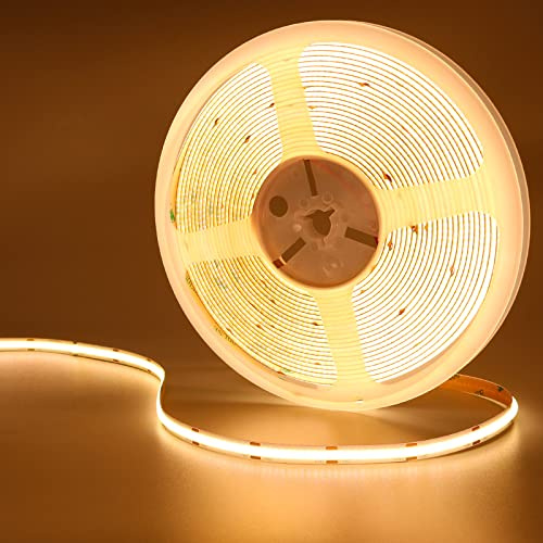 KXZM 32.8ft(10M) 24V COB LED Strip Light Warm White 3000K 3840LEDs CRI 93+ 6800lm Uniform Glow Dotless IP20 Not Waterproof Flexible LED Tape Lights for DIY Cabinet Bedroom Home Decor(No Power Supply)