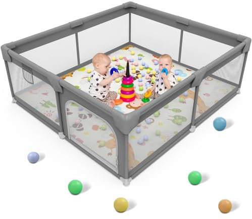 Palopalo Laufstall Baby 127x127cm, Laufgitter für Babys und Kleinkinder, Laufgitter Baby mit Reißverschlusstür und Atmungsaktivem Netz, Laufstall 300D Oxford Geweb, Dunkelgrau