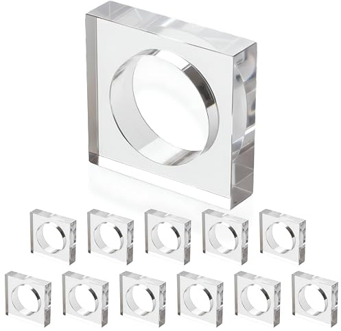 CLEENTABLE Acrylic Set of 12 Square Beveled Napkin Ring - Cloth Napkin Rings Serviette Buckles for Wedding, Birthday, Banquet, Table Décor, Home Décor, Gifting (Transparent)