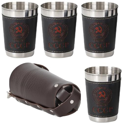 Yardwe 4 Schnapsgläser aus Edelstahl 70 ml, mit Lederbezug und Tragetasche | Tragbar, Wiederverwendbar, Sicher verstaut, Für Camping, Outdoor, Reisen, Grillen und Hausbar