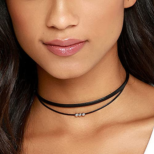 Aneneiceera Punk Geschichtet Wildleder Choker Halskette Gothic Kurze Schwarze Choker Halskette Vintage Leder Boho Halskette Gold Perle Kragen Halskette Schmuck Für Frauen Und Mädchen Geschenke (Gold)