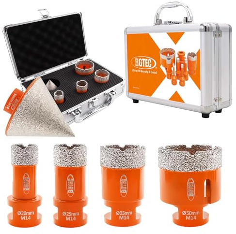 BGTEC Diamond Core Drill Bits Set - 6pcs(20/25/35/50mm Hole Saw Drill+50mm Chamfer Bit+Hex Shank Adapter) with M14 Thread for Porcelain Ceramic Tile Granite Marble Masonry Granite Stone