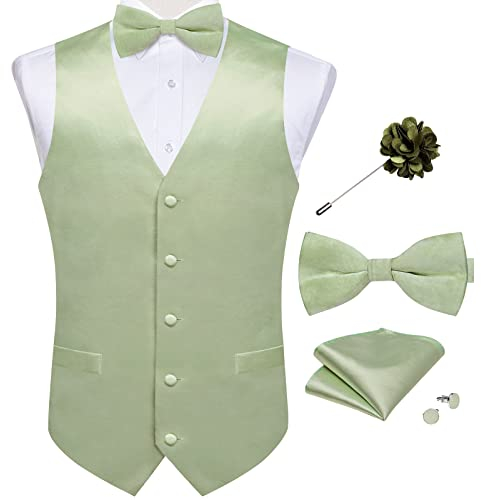 DiBanGu Herren-Paisley-Weste, 6-teilig, Seidenkleid, Anzugweste und Fliege, quadratische Manschettenknöpfe, Anstecknadel-Set für Anzug oder Smoking, Satin Salbeigrün, XXX-Large