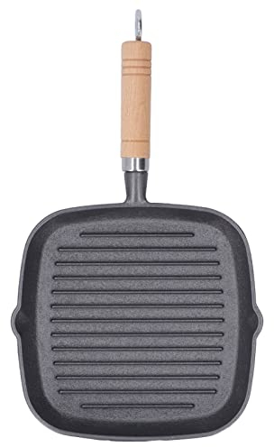 Wisecoco Bistecchiera Antiaderente Quadrata in Alluminio, 23 x 21 cm, Multiuso Padella per Bistecca, Padella per Griglia in Ghisa, Manico in Legno Satinato per Grigliare, Bordo a Versare