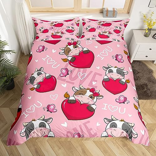Homewish Kawaii - Juego de ropa de cama con diseño de vaca lechera para niños y niñas, funda de edredón de animales de granja de dibujos animados, tamaño Super King, corazones rojos, juego de cama