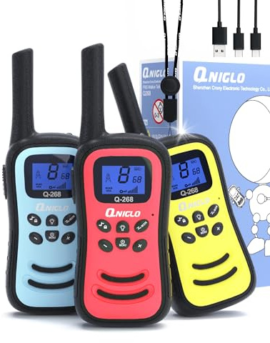 QNIGLO Walkie Talkies Niños Recargable,3 Piezas para niños de 3 a 12 años | 8 Canales Radio de 2 vías Largo Alcance Walky Talky Una Linterna Incorporada, VOX, para Ciclismo Camping Senderismo Regalos