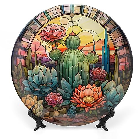 Gokays Decorative Plates, Sand Dunes Flower Stained Glass Design Ceramic Dinner Plate Home Wobble-Plate with Display Stand, Wall Hanging Decor for Kitchen Household 8 Inch, Gifts for Cactus Lover