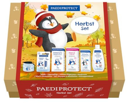 PAEDIPROTECT Set autunnale, 6 pezzi, protezione dal freddo e dal sole per neonati, bambini e adulti, dallo shampoo delicato alla crema per le mani, senza profumo e microplastica, vegano