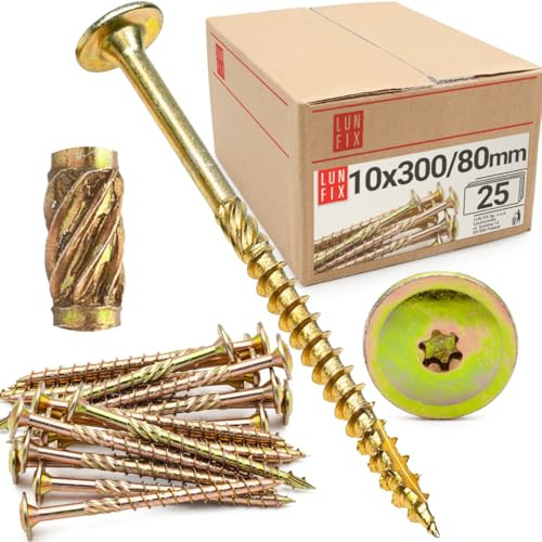 Lun Fix Tellerkopfschrauben 10x300 25 Stk TX40 Torx Fräsrippen | Gelb Verzinkt Holzschrauben Terrassenschrauben Spanplattenschrauben Selbstschneidende Schrauben