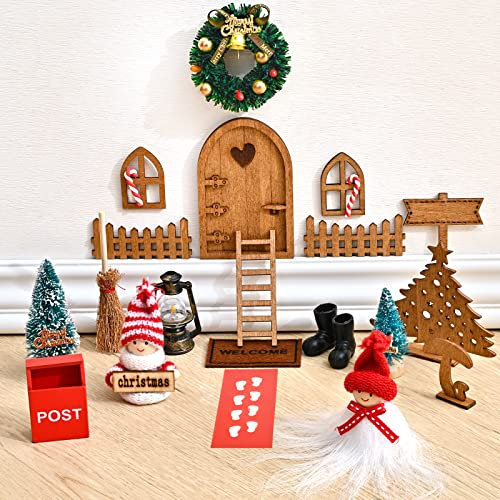 Wichteltür Set Zubehör Weihnachten, Wichtel Zubehör Weihnachten, Wichteltür Komplettset Tür Weihnachtsdeko mit Miniatur Briefkästen, Zäun, Leiter, Stiefel, Kranz, Feentür Set für Kinder Geschenke