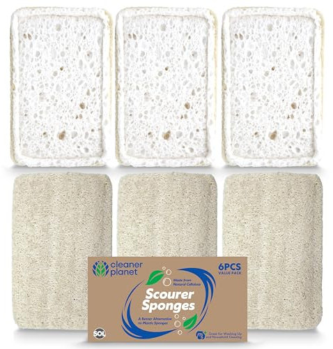 SOL 6pk Scour Sponges – Cellulose Dishwashing Sponge with Scouring Side for Kitchen Cleaning, Highly Absorbent, Durable and Reusable for Non-Stick Cookware and Everyday Washing Up