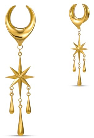 ERKUOO Lot de 2 écarteurs d'oreille avec pendentif en forme d'étoile - Tunnels d'oreille en forme de selle - Plugs - Piercing de chair - Boucles d'oreilles extensibles pour femmes - Bijoux corporels