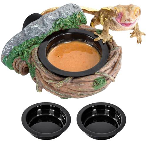 REPTI ZOO Magnetic Reptile Feeding Ledge, Gecko Feeder Ledge with 2PCS Cups, Hollow Vine Food Dish, Reptile Water Bowl for Bearded Dragon Lizard Snake, Terrarium Tank Accessories