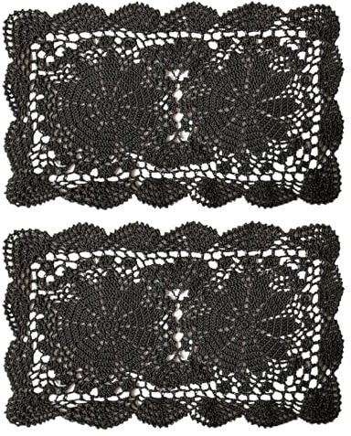 Phantomon Lace Doilies Handmade Crochet Placemats Cotton Doilies Cloth Lace, Pack of 2, Rectangular Shape Table Runner, 10 x 17 inch (Black)