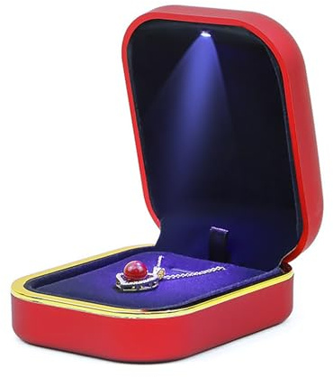 Qcwwy Anhänger-Halsketten-Box, Elegante Schmuck-Geschenkbox mit LED-Licht, Verlobungsantrag, Hochzeit, Halsketten-Organizer-Etui für Armband, Ring, Ohrringe, Schmuck (Rot)