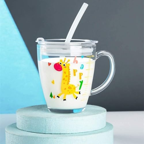 XINCHIA Tazza in vetro per misurare il latte, 300 ml, con cannuccia in silicone e coperchio, resistente al calore, a tenuta stagna, tazza da viaggio con manico in stile fumetto
