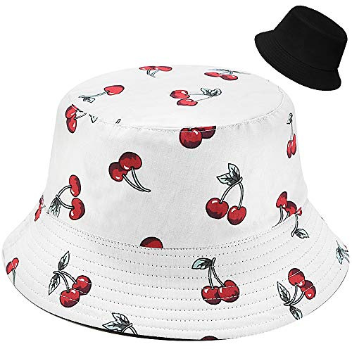 Malaxlx Motif Cerise Blanc Bob Chapeau de Pêcheur Femme Homme Chapeau de Soleil Réversible Chapeau de Seau Anit-UV d'été Chapeau de Plage Pliable