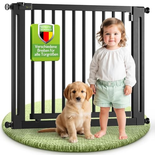 BOMI Treppengitter für Kinder Miko PEFC geprüftes Buchenholz | Ohne Bohren | 90° Stop |Kinderschutzgitter Holz öffnet in beide Richtungen | Tür- & Treppenschutzgitter Baby Hund | Breite: 123-131 cm