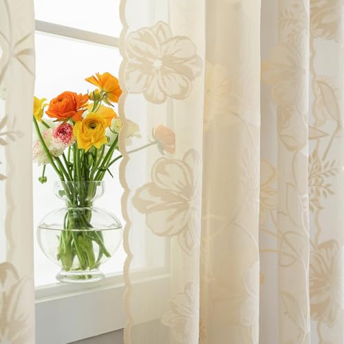 Treatmentex Cortinas de Encaje Beige Florales con Ojales, 140Anx225Al cm | Cortinas Salón con 8 Ojales, Visillos Translúcidos para Ventana de Dormitorio, Modernas Decorativas Suaves, 2 Piezas