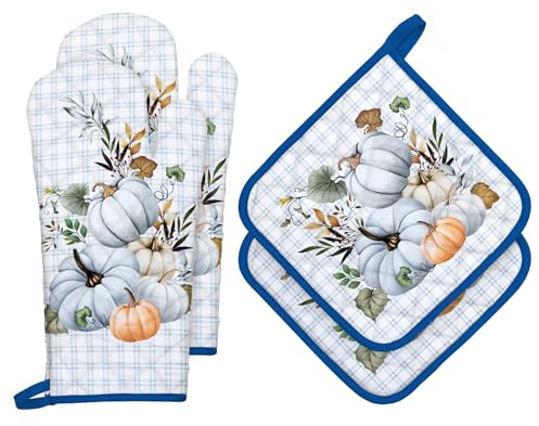 Arquiel Ofenhandschuh und Topflappen 2er Set, 100% Baumwolle Kochhandschuhe, Hitzebeständiger Küchenhandschuh Zum Kochen Backen Grillen Geschenk,Herbstblauer Kürbis