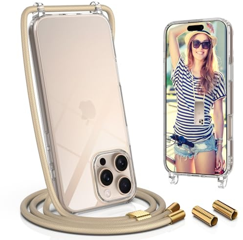 UYMO Handykette Hülle mit Band Für iPhone 16 Pro Max, Necklace Transparent Handyhülle Case mit Schnur Abnehmbar, Schutzhülle zum Umhängen Kordel, Golden