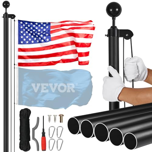 VEVOR Kit de Mástil de Bandera Desmontable de 755 cm Mástil de Bandera de Aleación de Aluminio Resistente en Suelo Mástil de Bandera de 3 Modos de Visualización con Accesorios Profesionales, Negro