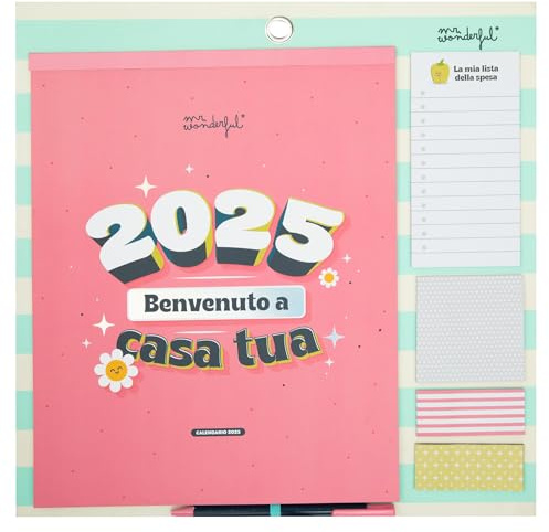 Mr. Wonderful - Calendario de pared magnético 2025-2025, bienvenido a tu casa - Incluye 4 hojas de pegatinas, 2 bloques de notas adhesivas y un bolígrafo