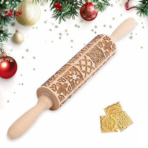 Weihnachten Präge Nudelholz,Weihnachten Geprägt Teigroller,Holz Nudelhölzer mit Muster Schneeflocke,Es gibt 20 verschiedene Fenstergittermuster,für DIY Weihnachten Küche Plätzchen (39cm* 5cm)