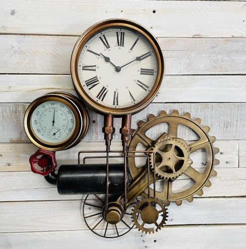 My Square Mile Industrial Steampunk Pipe Metal Gear Wall Clock with Faux Temperature Display (Gear Clock)