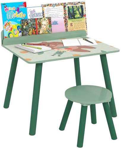 AIYAPLAY barnbord och stol set barnbord med stol och bokhållare björnmönster för barn 3 till 8 år för sovrum, vardagsrum, klassrum, grön