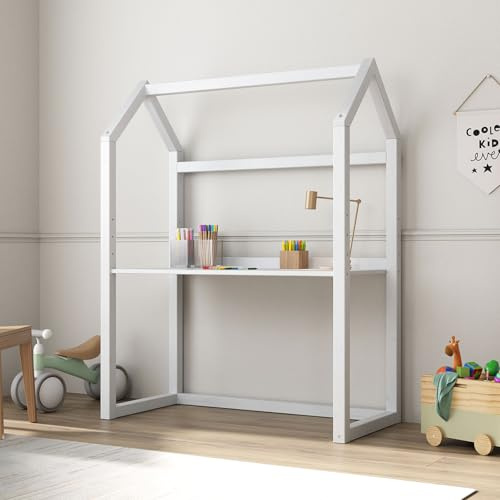 IDIMEX Kinderschreibtisch Tina in Hausform, weiß - höhenverstellbarer Schreibtisch für Kinderzimmer, mitwachsend und individuell anpassbar, aus Kiefer Massivholz