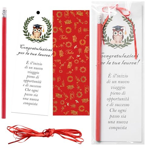 Errshing 92 Pezzi Cartoncini Segnaposto Laurea Set-30 Carta Segnalibro Laurea 30 Matita Rossa 30 Sacchetti Piccoli con Nastro Rosso da 10 m, Bomboniera Laurea Gadget Decorazioni Laurea Tavolo
