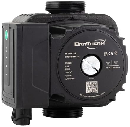 BritTherm P1 25/9-130 A-Rated Central Heating Circulating Pump | 9m Head, 5.4 m3/h Max Flow, EEI <0.21 | Auto/Night Modes, 130mm Port-to-Port, 1 1/2 Connections