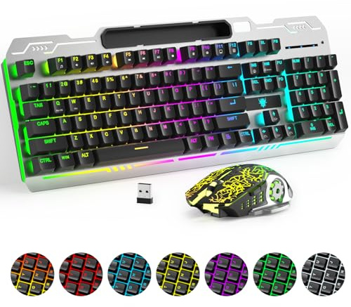 XISOGUU Combo de teclado y mouse inalámbricos para juegos, batería recargable con retroiluminación RGB de 2000 mAh, teclado antighosting de sensación mecánica + ratones 6D 4800DPI para jugadores de PC