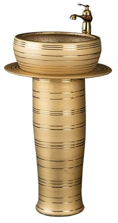 CAFIEDR Lavabo de Pedestal Dorado para baño, Conjunto de Lavabo de Lujo de pie con Grifo, desagüe y Espejo, Conjunto de 3 Piezas de Lavabo de Columna para baño con Pedestal de la(DO)