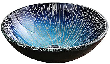 JIPOFAN Lavandino da Bagno Rotondo, Lavandino da Appoggio Ciotola in Vetro Temperato Lavandino da Bagno Ciotola Lavello da Vaso in Stile Mediterraneo con Scarico Combinato, Solo Lavandino in Vetro