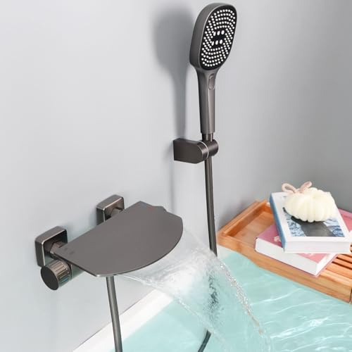 SHANFO Badewannenarmatur mit Handbrause, Wannenarmatur Wasserfall, Armatur Badewanne Set, Mischbatterie Badewanne mit Brause Messing, Grau, 16Y7OK
