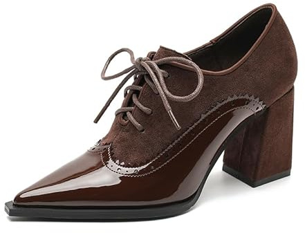 2025 Autumn New Pointed Toe Pumps High Heels Elegant Simple Fashion Women's Shoes Black Bandage Brogue British High Heel Chunky Heel Pumps (Wine, Adult, Women's, 7, Digital, US Shoe System, Medium(Medium))
