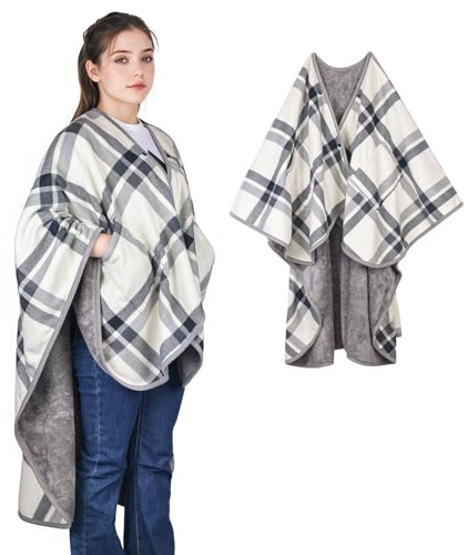 SIVENKE Damen Poncho Fleece Tragbare Decke, Karierte Schoßdecke Bequemer Poncho Plüschdecken Überwurf Schal Wickelbezug Umhang mit Knöpfen für Bett Sofa Büro
