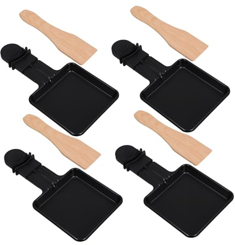 VICASKY 4 Sets Miniature Raclette Grill Pans with Wooden Spatulas Cheese Melting Pans for Electric Barbecue Oven High Temperature Resistant Baking Tray for Home and Outdoor Use