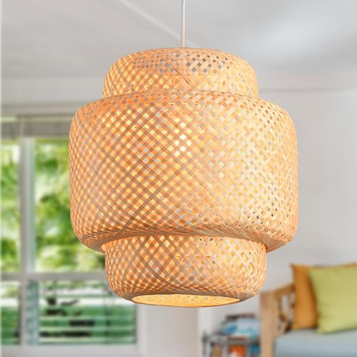 JOYINLED Deckenlampe Bambus Hängelampe Korb Boho Lampe Esszimmer Ø40cm Wohnzimmer Hängend Rattan Natur Küche Vintage E27 Retro 1,5m Textilkabel(Glühbirne nicht enthalten)