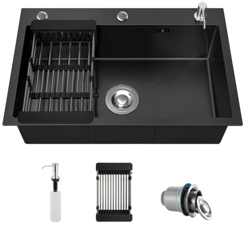 OTHZON Fregadero de cocina de acero inoxidable con escurridor, fregadero de cocina negro con cesta de drenaje, dispensador de jabón y desagüe empotrable, 3 agujeros, fregadero empotrable (55 x 45 cm)