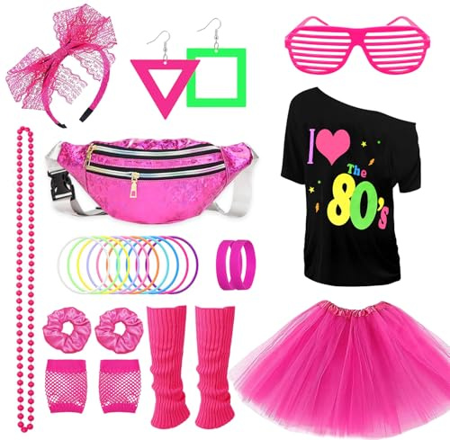 26PCS Deguisement Annee 80s Accessoire, Tenue de Soirée Disco Néon des Années 90s, T-shirt, Tutu, Bracelet, Sac Banane, Lunette, Bracelet, Colliers, Jambières, Tenu Année Thème Soirée Carnaval Femme