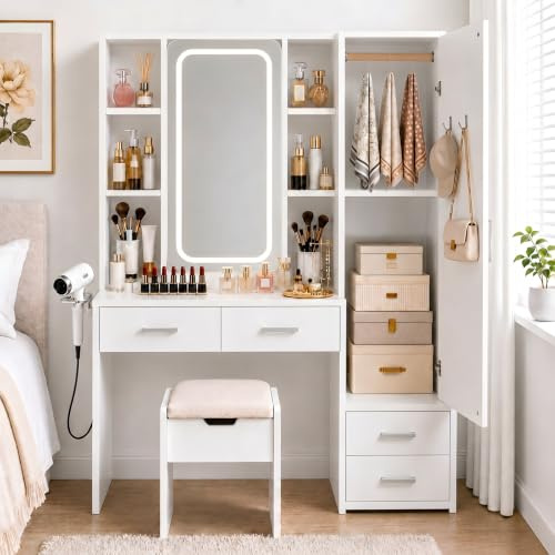 GOKHOMX Tocador de Maquillaje con Espejo LED y Taburete | 3 colores, 4 cajones, 2 enchufes, USB-A, USB-C, portasecador, taburete baúl, mueble lateral izquierdo o derecho, 120 cm